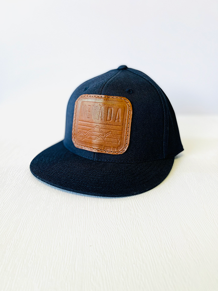 Navy Flexfit 6 Panel Hat - Mountain Leather Patch